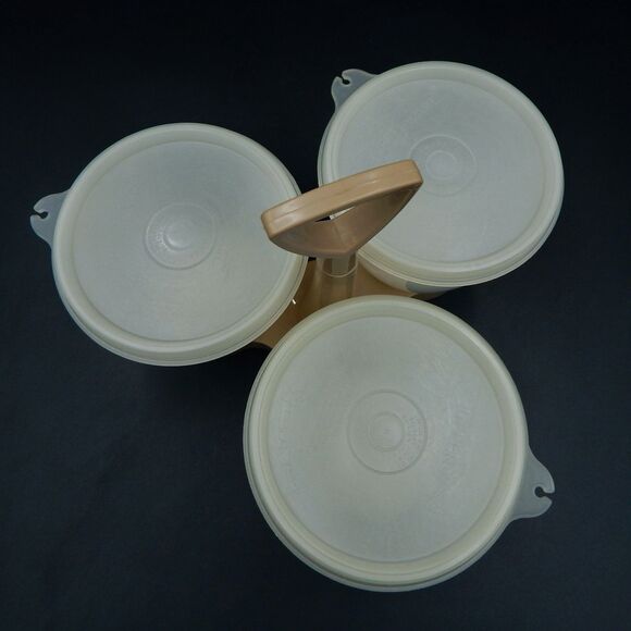 Vintage Tupperware 3 Cup Condiment Caddy Sheer Almond 758 733 Lids 2 Spoons - Picture 9 of 11